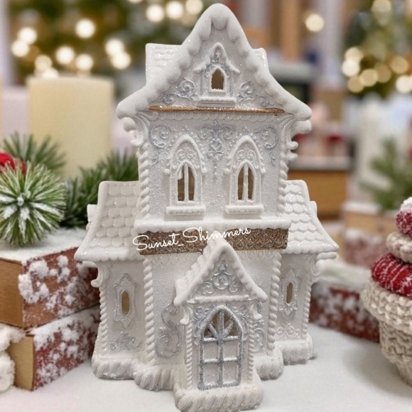 14" White Glitter Icing Scrollwork LED Lighted Victorian Gingerbread House New - Picture 5 of 10